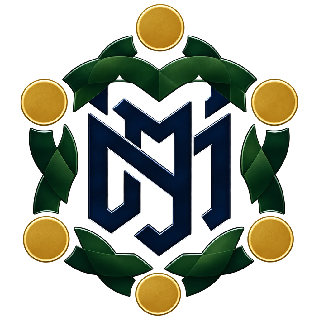 The MiNaDoJa sigil: six gold circles and a wreath of green leaves around an interlaced monogram